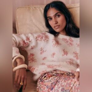 Sezane Cream Floral Knit Sweater with Pink Roses